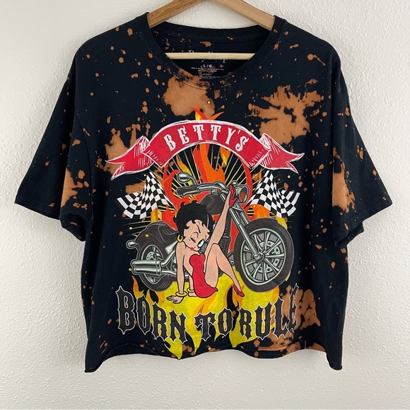 BETTY BOOP Black Bleached Born To Rule Biker Pin Up Short Sleeve Graphic Tee - Picture 1 of 7